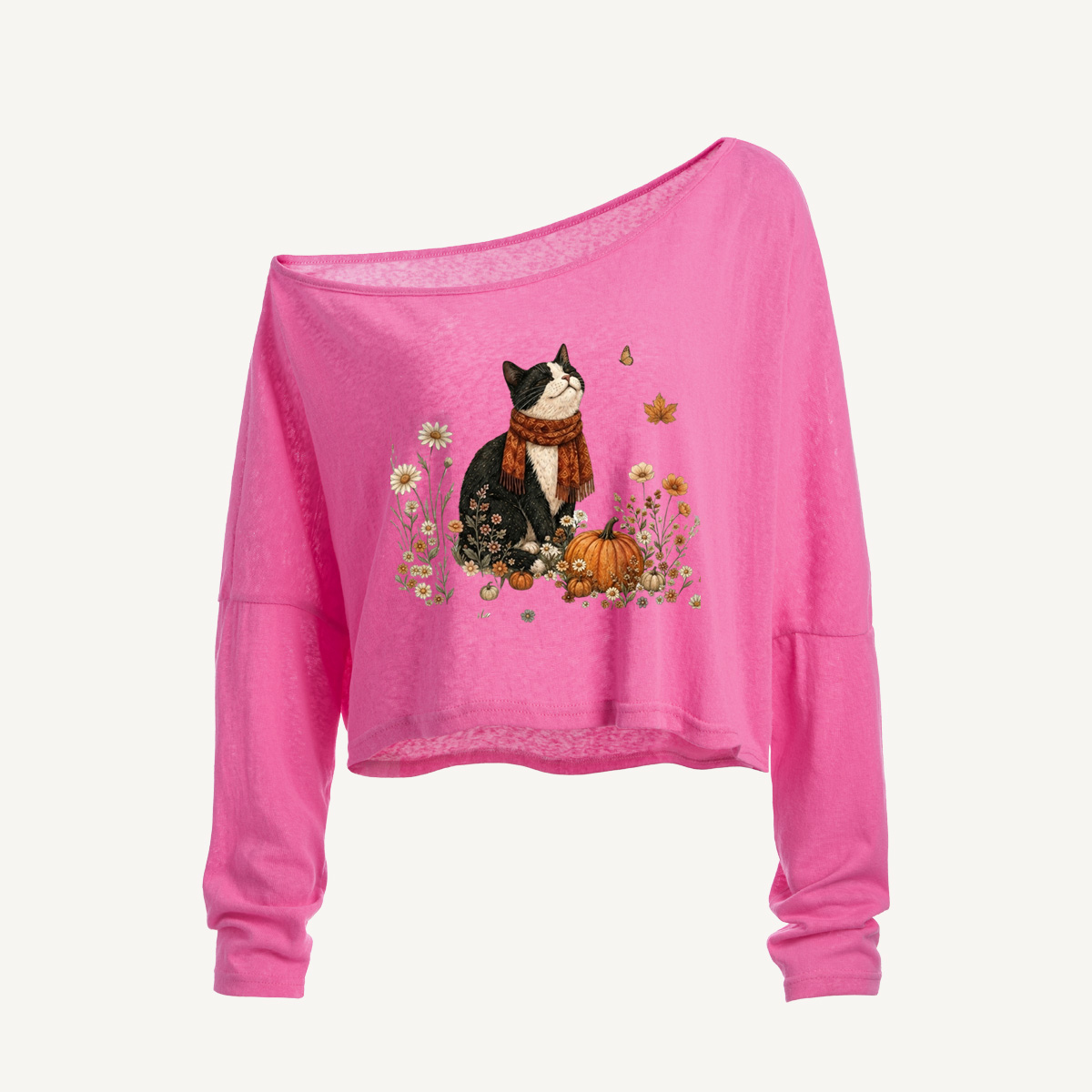 Autumn Pumpkin Field Black Cat Long Sleeve Off Shoulder T-shirt
