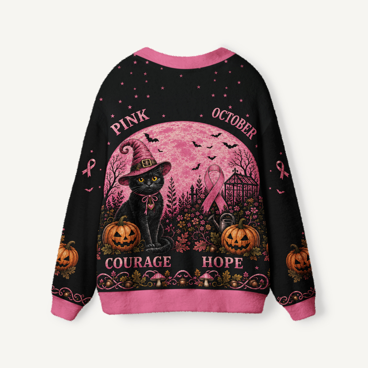 Pink October Courage Cat Print Ugly Cardigan Sweaters