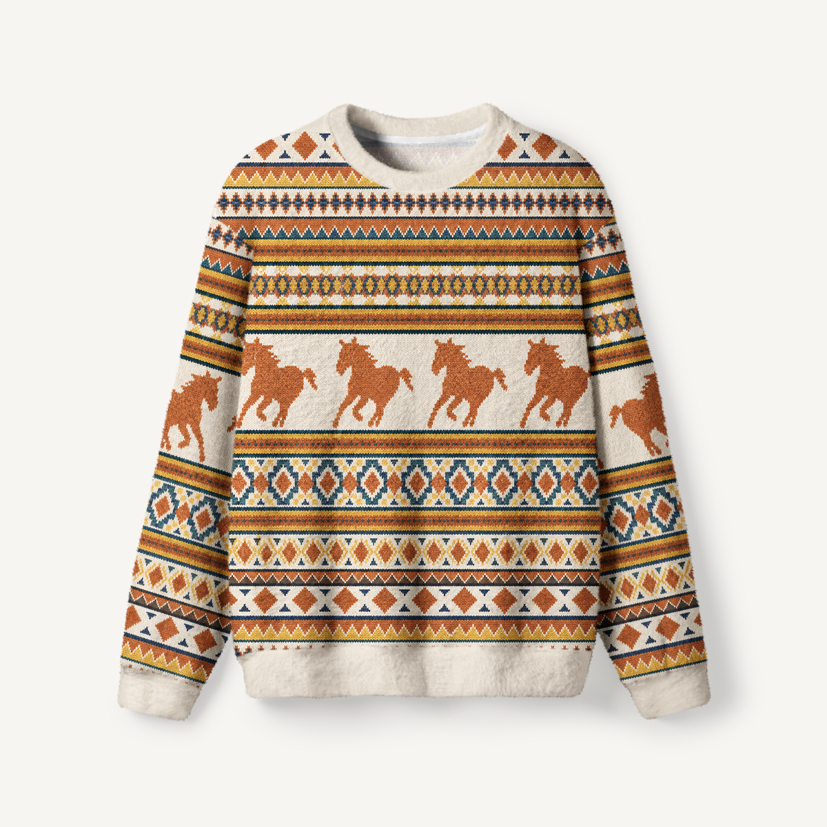 Running Horses Geometric Pattern Fuzzy Crewneck Sweater