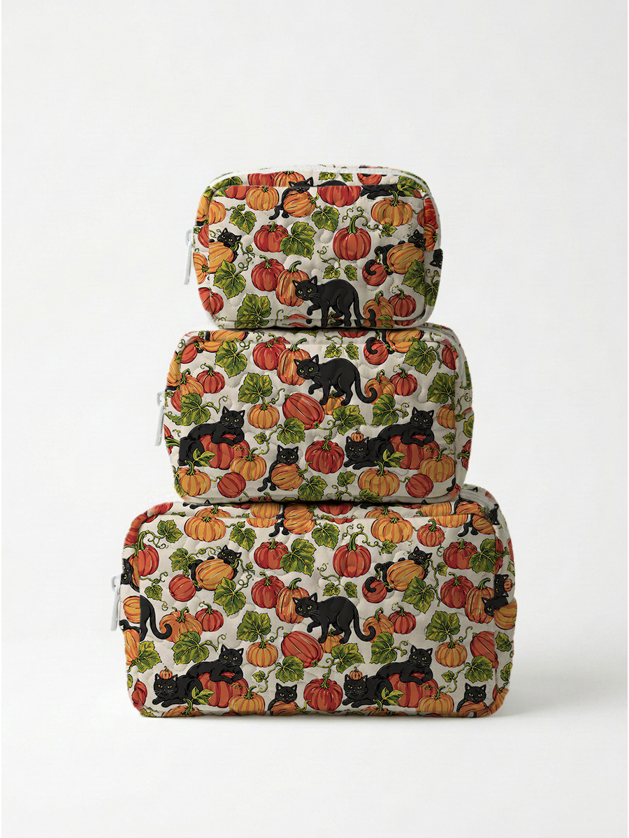 Black Cat Romp in the Pumpkin Fields Print Cloud Quilted Cosmetic Pouch