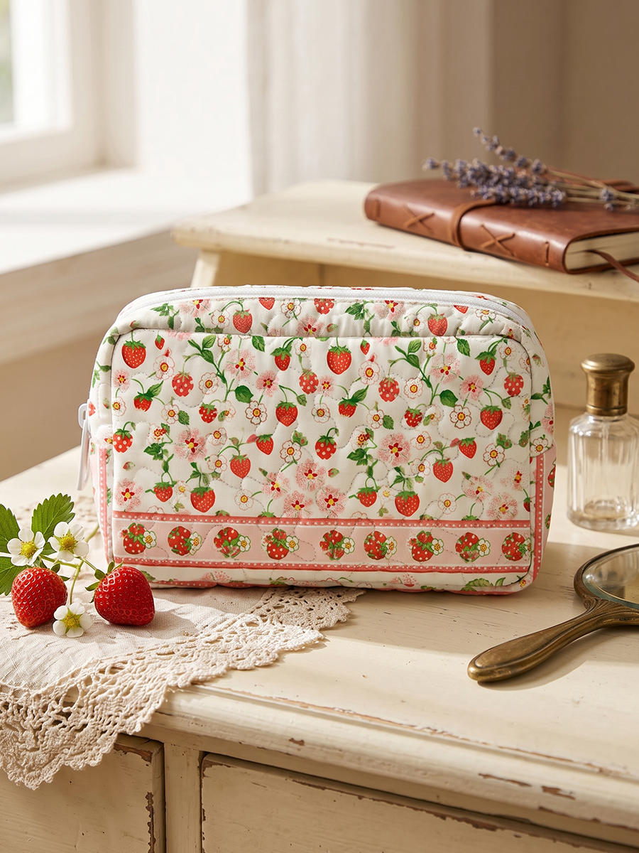 Strawberry Meadow Print Cloud Quilted Cosmetic Pouch