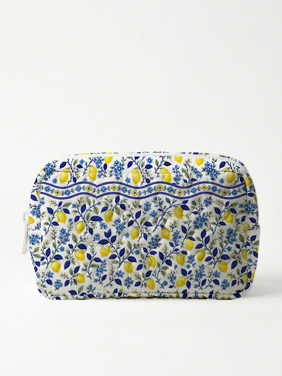 Blue Lemon Floral Print Cloud Quilted Cosmetic Pouch