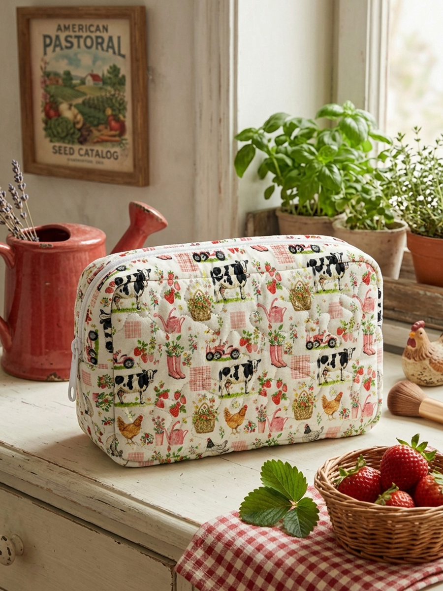Watercolor Pink Farm Chicken Print Cloud Quilted Cosmetic Pouch