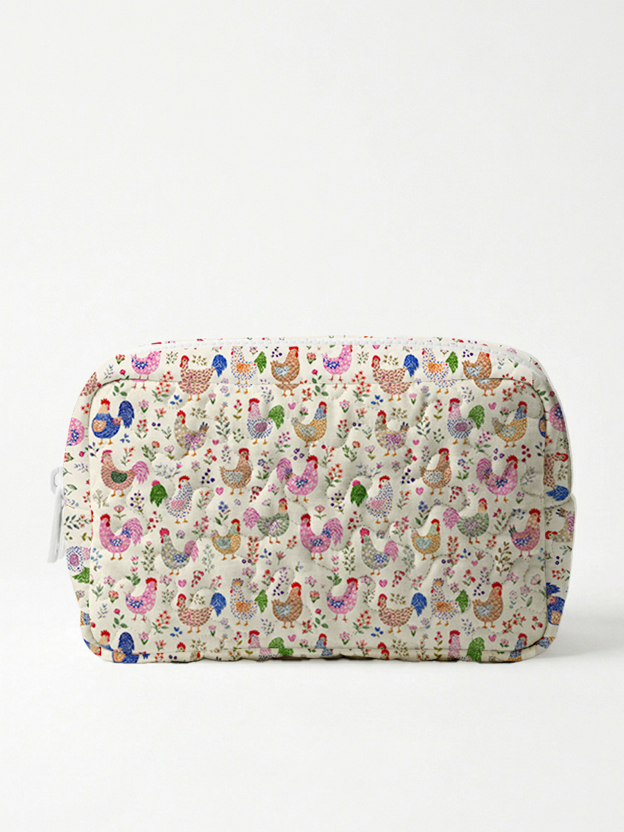 Colorful Farm Chickens Print Cloud Quilted Cosmetic Pouch