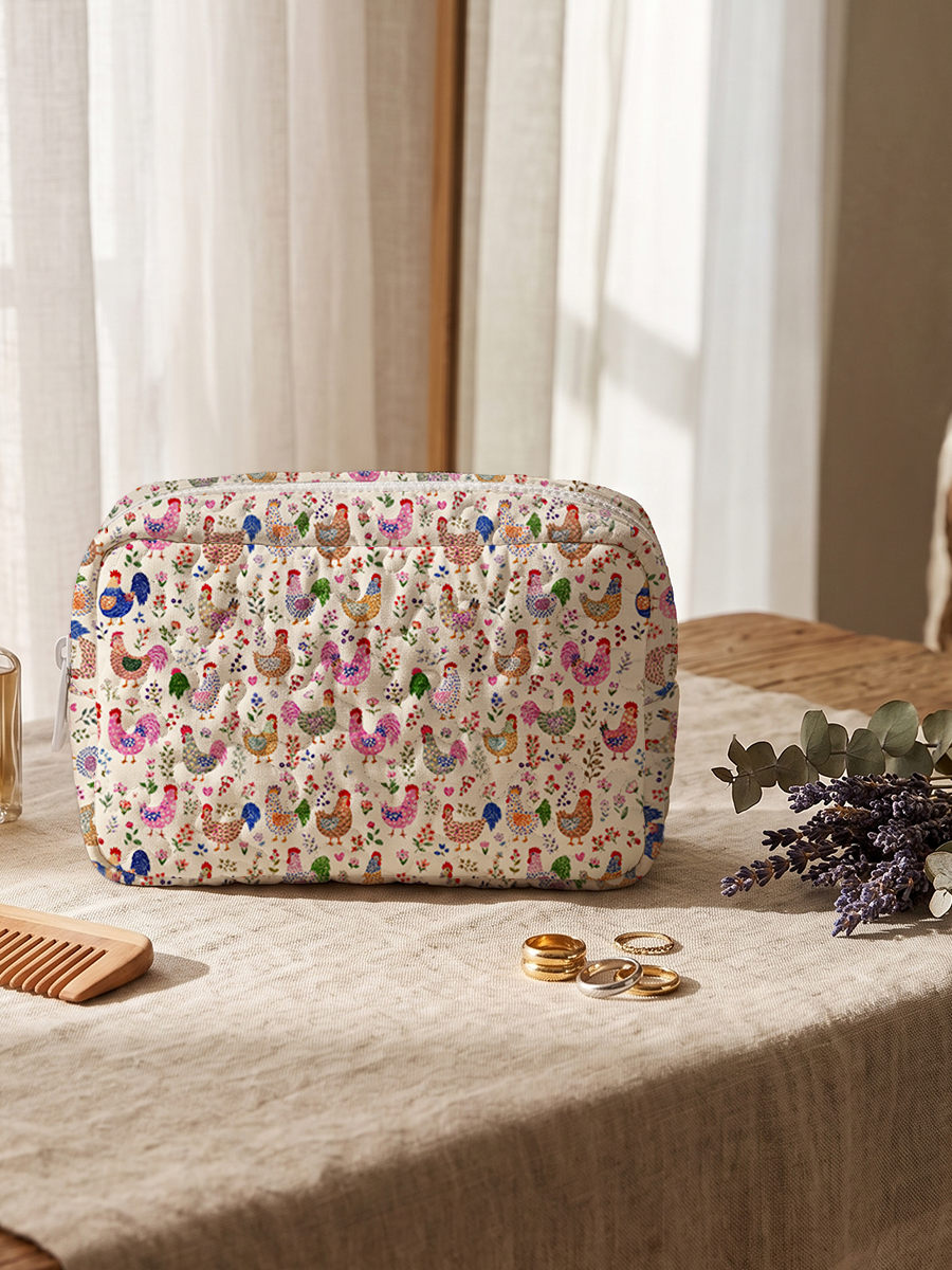 Colorful Farm Chickens Print Cloud Quilted Cosmetic Pouch