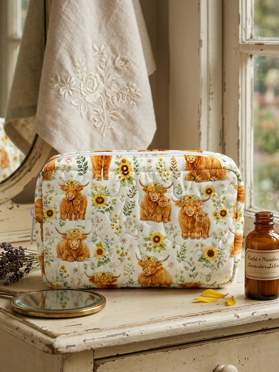Spring Highland Cow Floral Print Cloud Quilted Cosmetic Pouch