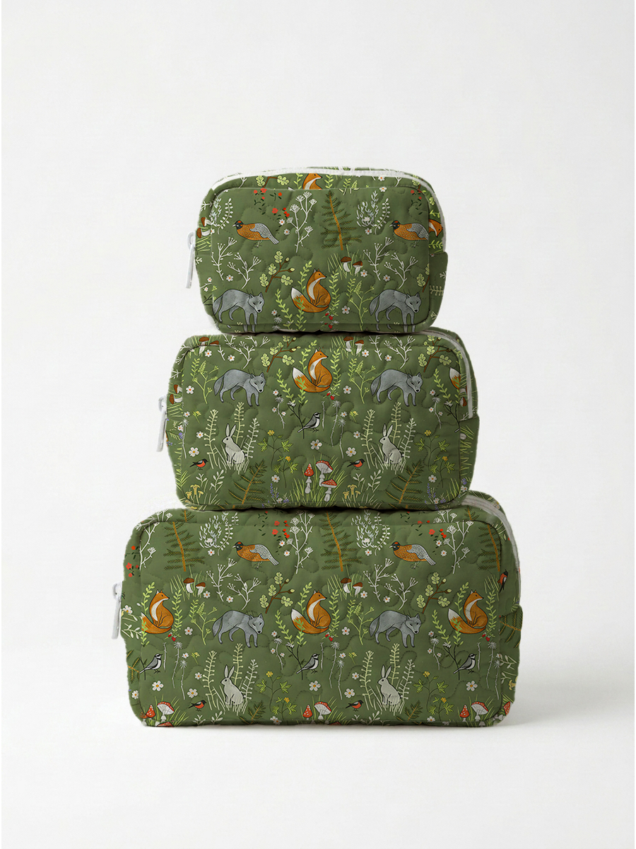 Whimsical Woodland Animals Print Cloud Quilted Cosmetic Pouch