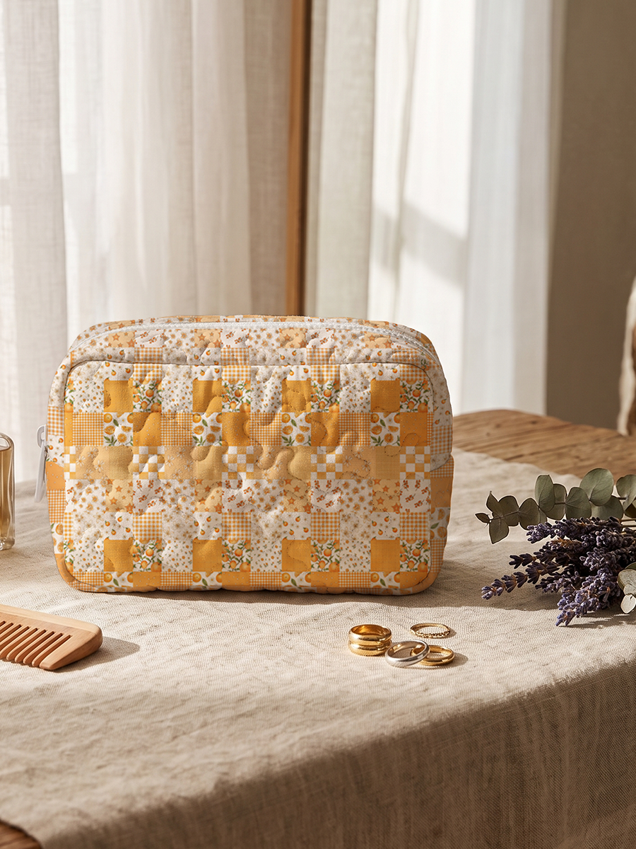 Lemon Sunshine Patchwork Print Cloud Quilted Cosmetic Pouch
