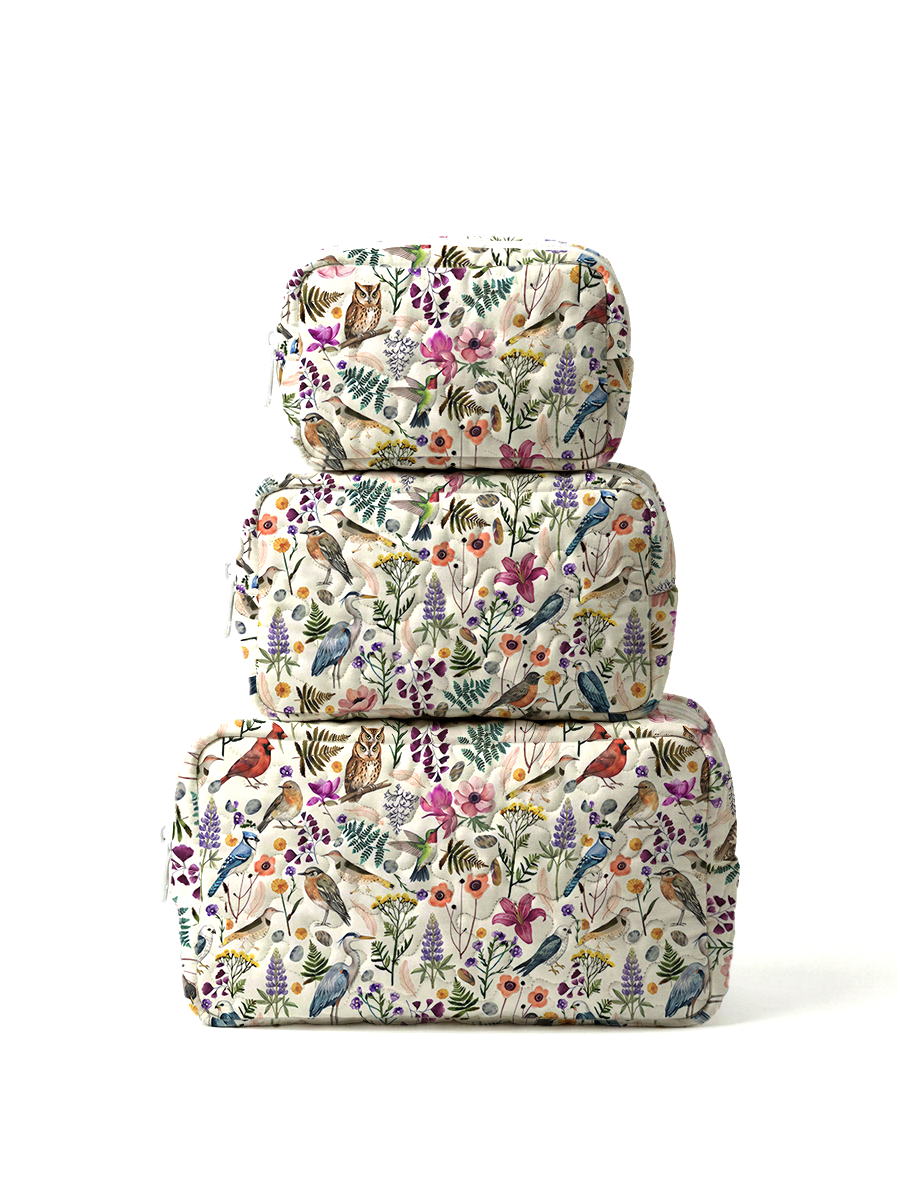 Whimsical Woodland Birds Wildflowers Print Cloud Quilted Cosmetic Pouch