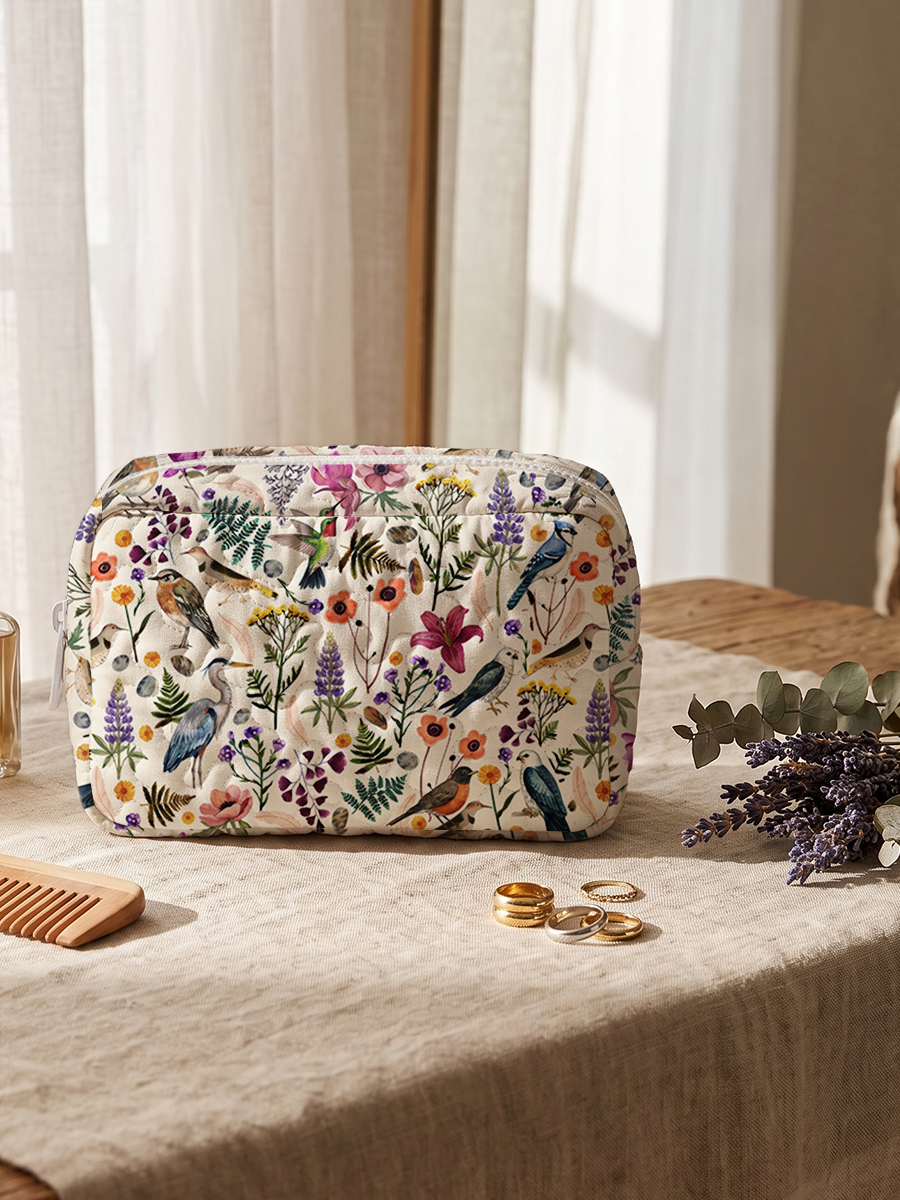 Whimsical Woodland Birds Wildflowers Print Cloud Quilted Cosmetic Pouch