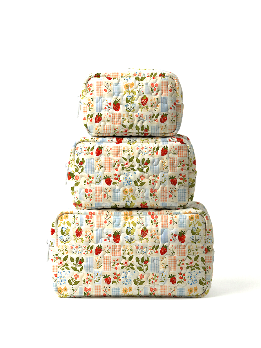Strawberry Garden Patchwork Print Cloud Quilted Cosmetic Pouch