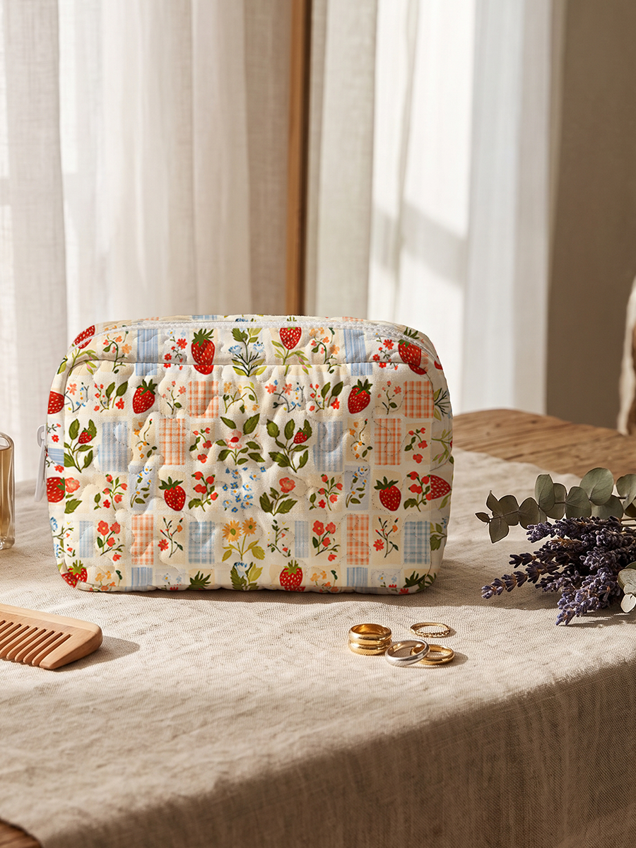 Strawberry Garden Patchwork Print Cloud Quilted Cosmetic Pouch