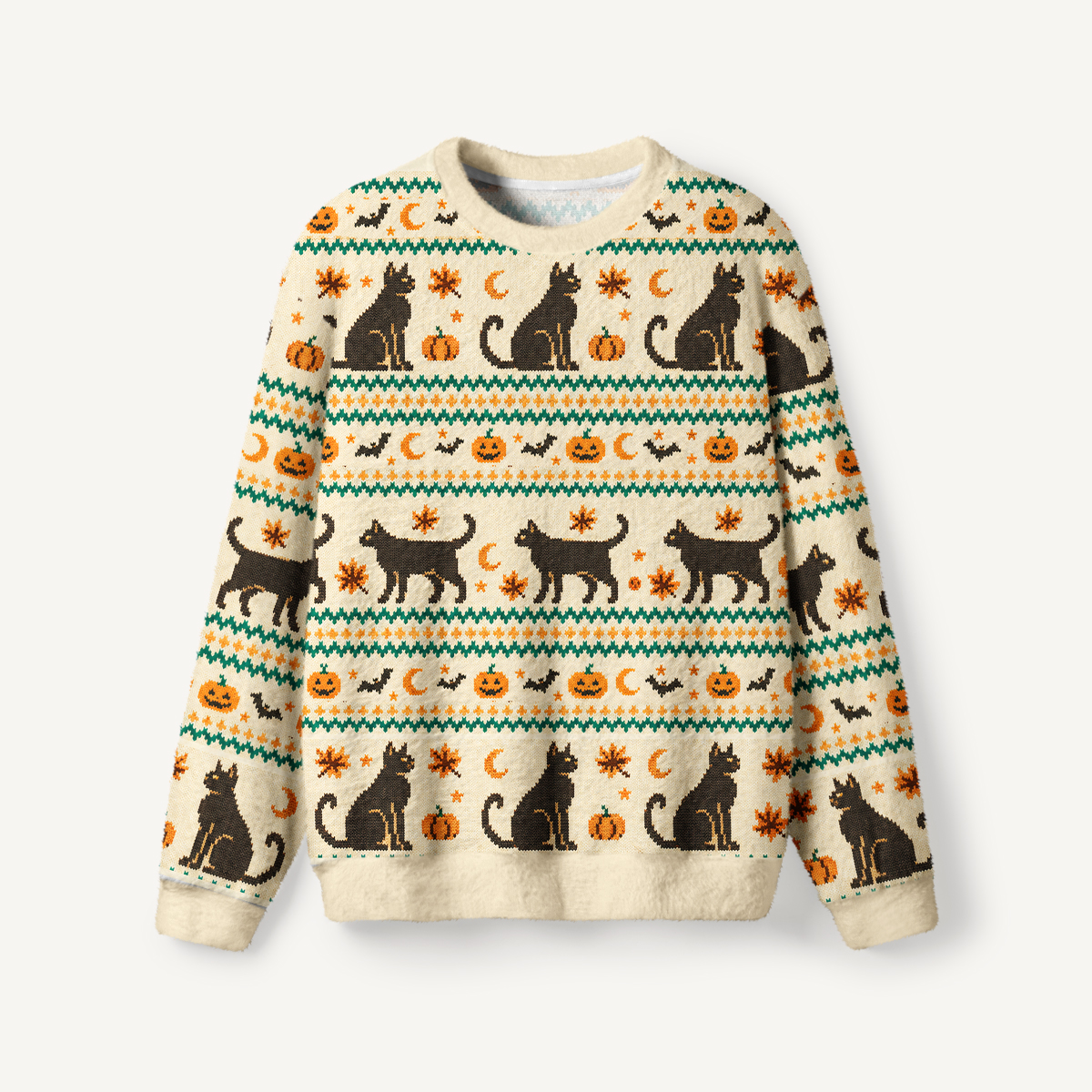 Halloween Cat Pumpkin Bat Fuzzy Crewneck Sweater