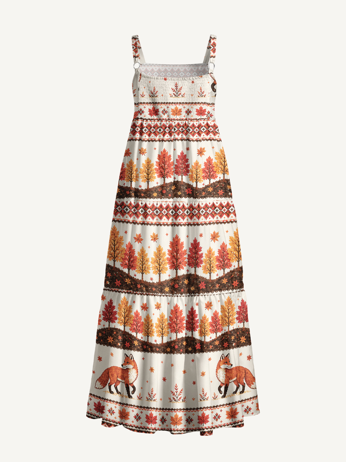 Autumn Forest Fox Print Wide Straps Maxi Dress With Pockets