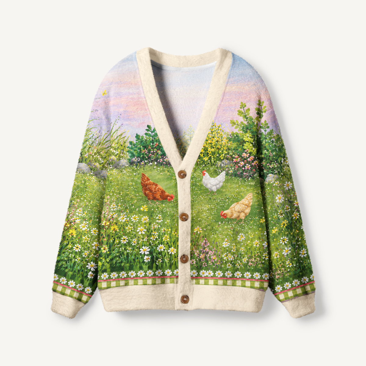 Blooming Hen Garden Print Ugly Cardigan Sweaters