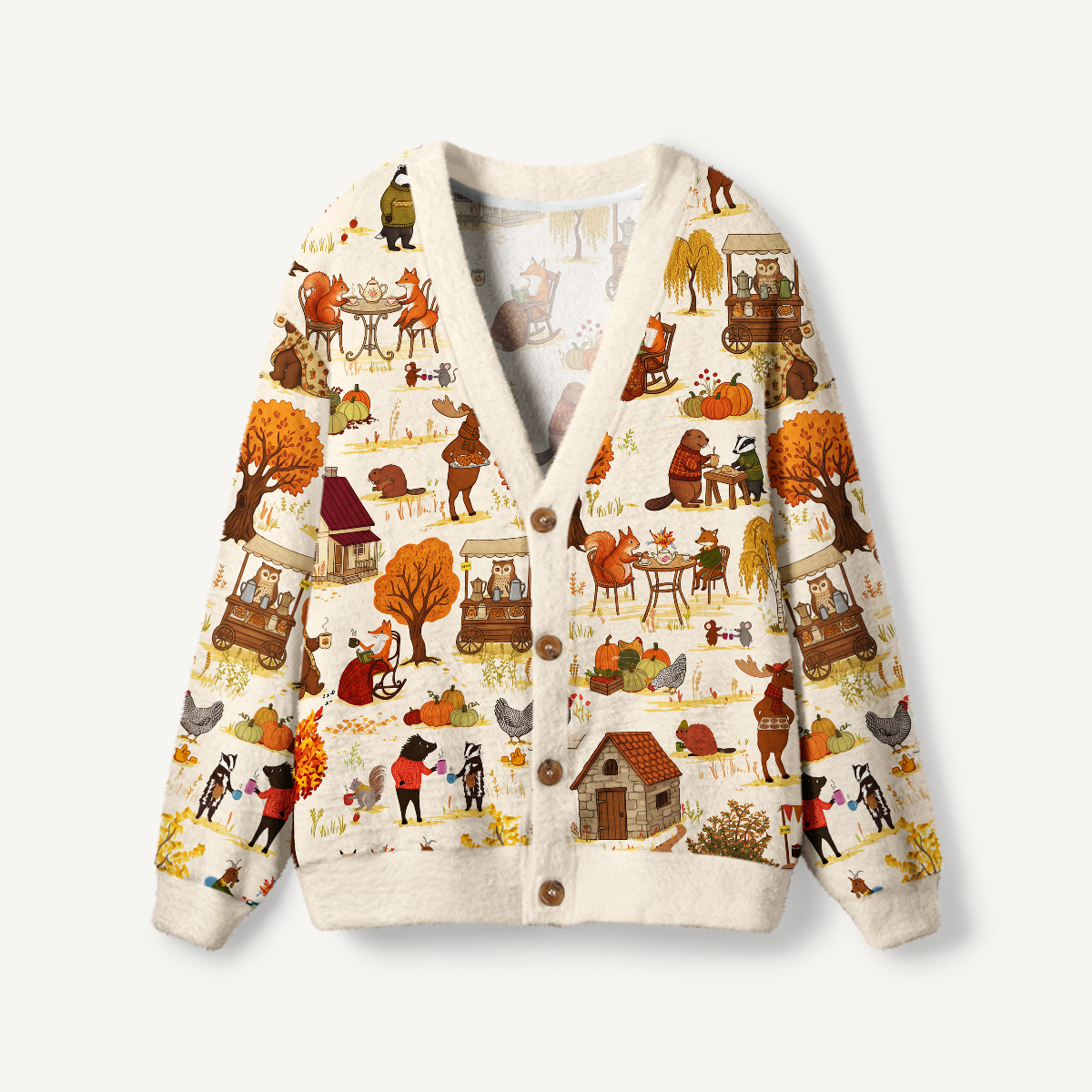 Autumn Woodland Market Print Ugly Cardigan Sweaters