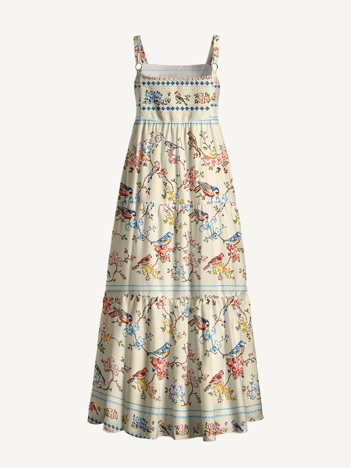 Vintage Floral Songbirds Print Wide Straps Maxi Dress With Pockets