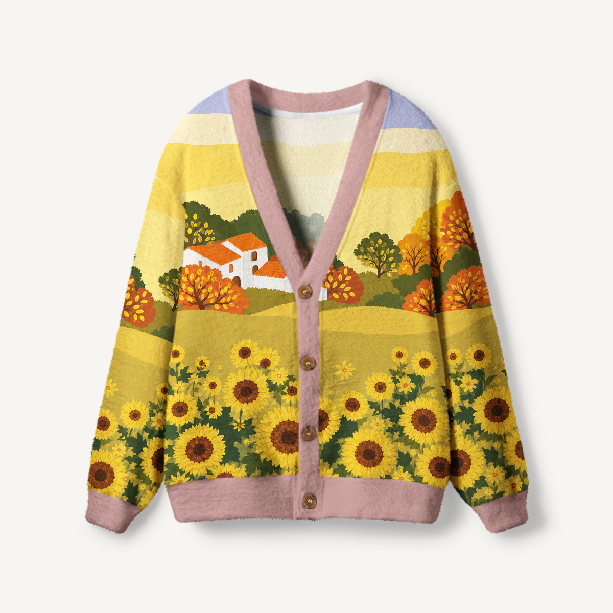 Sunflower Meadow Cottage Print Ugly Cardigan Sweaters