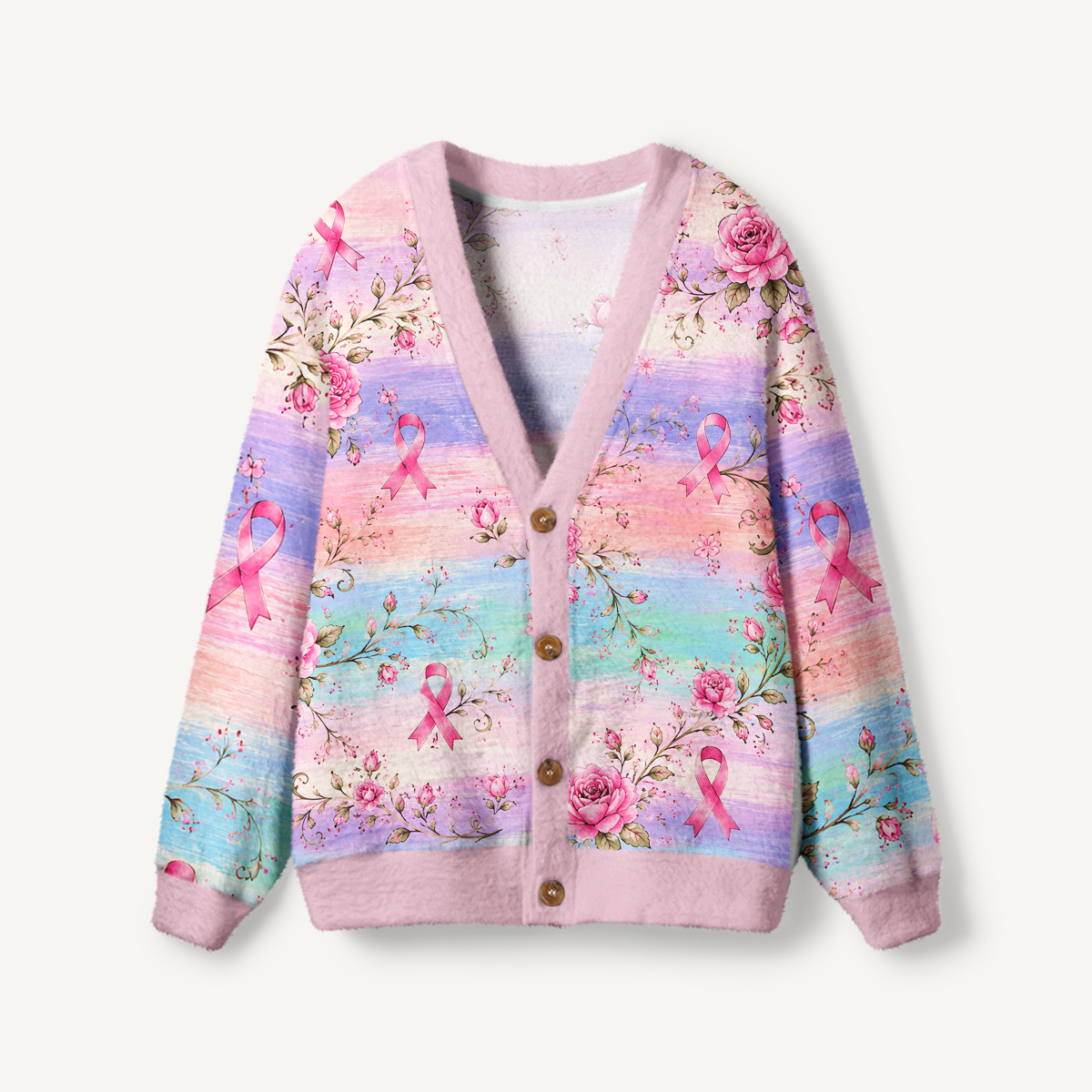 Pastel Sunset Pink Ribbon Print Ugly Cardigan Sweaters
