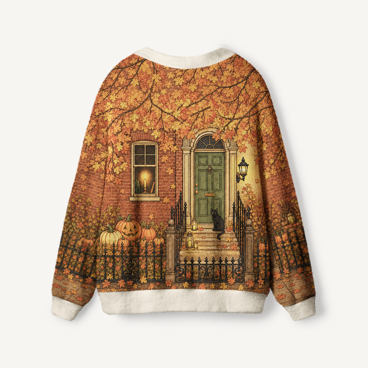 Golden Autumn Porch Light Print Ugly Cardigan Sweaters