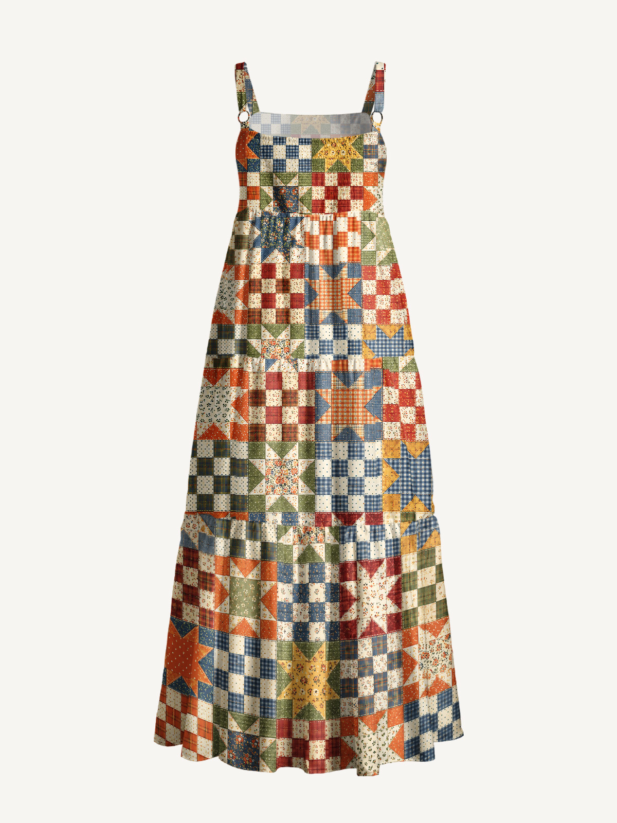 Vintage Star Quilt Patchwork Print Wide Straps Maxi Dress With Pockets