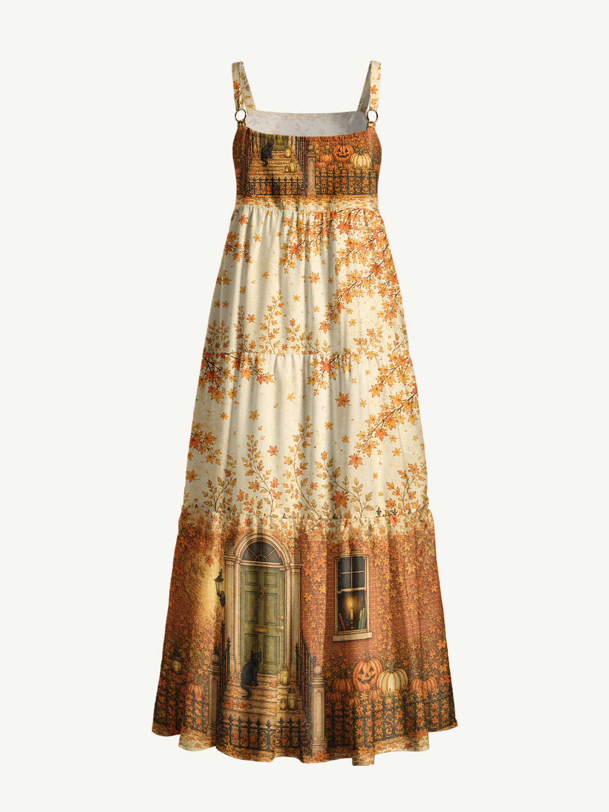 Golden Autumn Porch Light Print Wide Straps Maxi Dress With Pockets