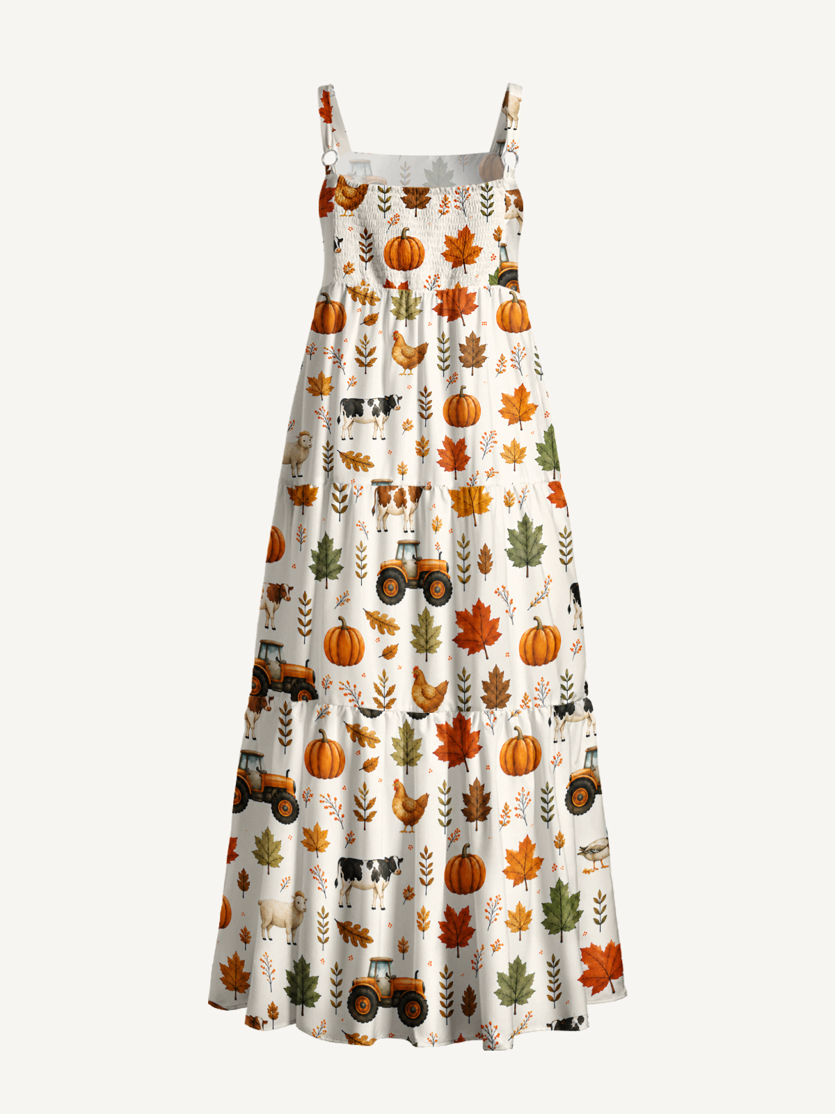Pumpkin Farm Harvest Print Wide Straps Maxi Dress With Pockets