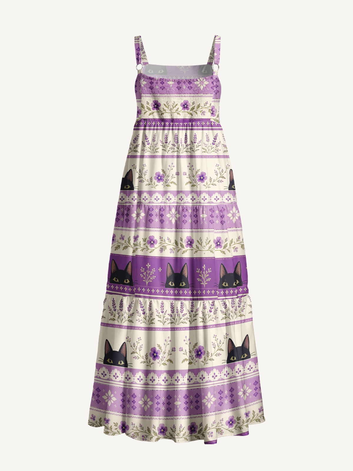 Midnight Lavender Cat Garden Print Wide Straps Maxi Dress With Pockets