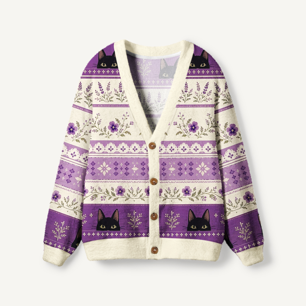 Midnight Lavender Cat Garden Print Ugly Cardigan Sweaters