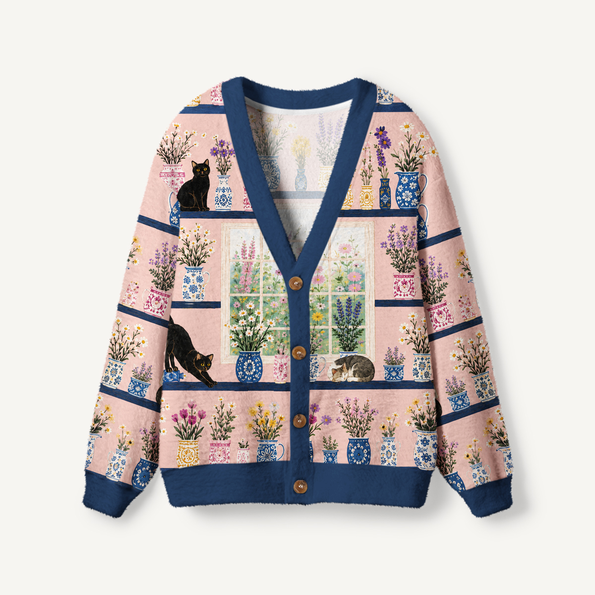 Window Garden Cat Terrace Print Ugly Cardigan Sweaters