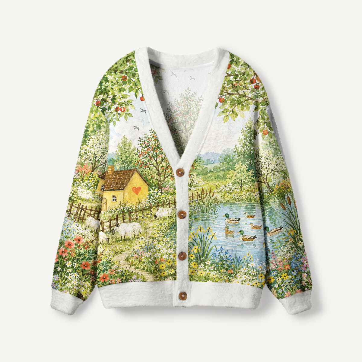 Sunny Pond Cottage Meadow Print Ugly Cardigan Sweaters