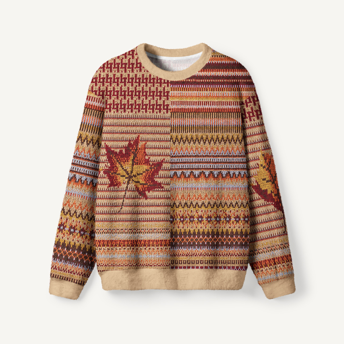 Autumn Maple Patchwork Pattern Fuzzy Crewneck Sweater
