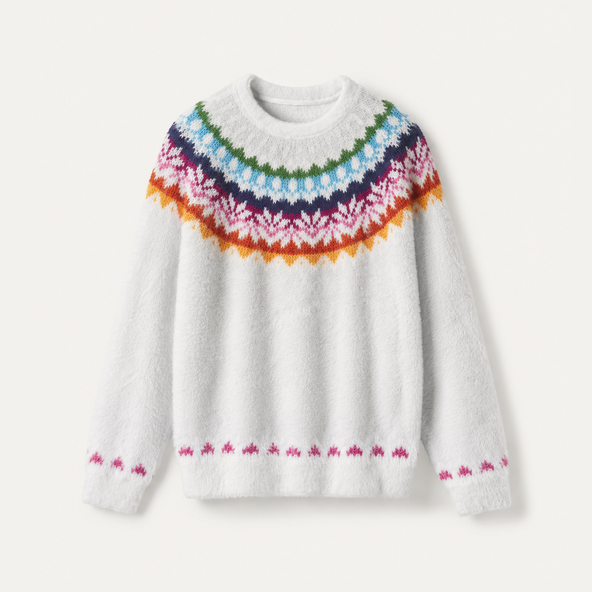 Colorful Nordic-Inspired Yoke Cozy Fuzzy Crewneck Sweater