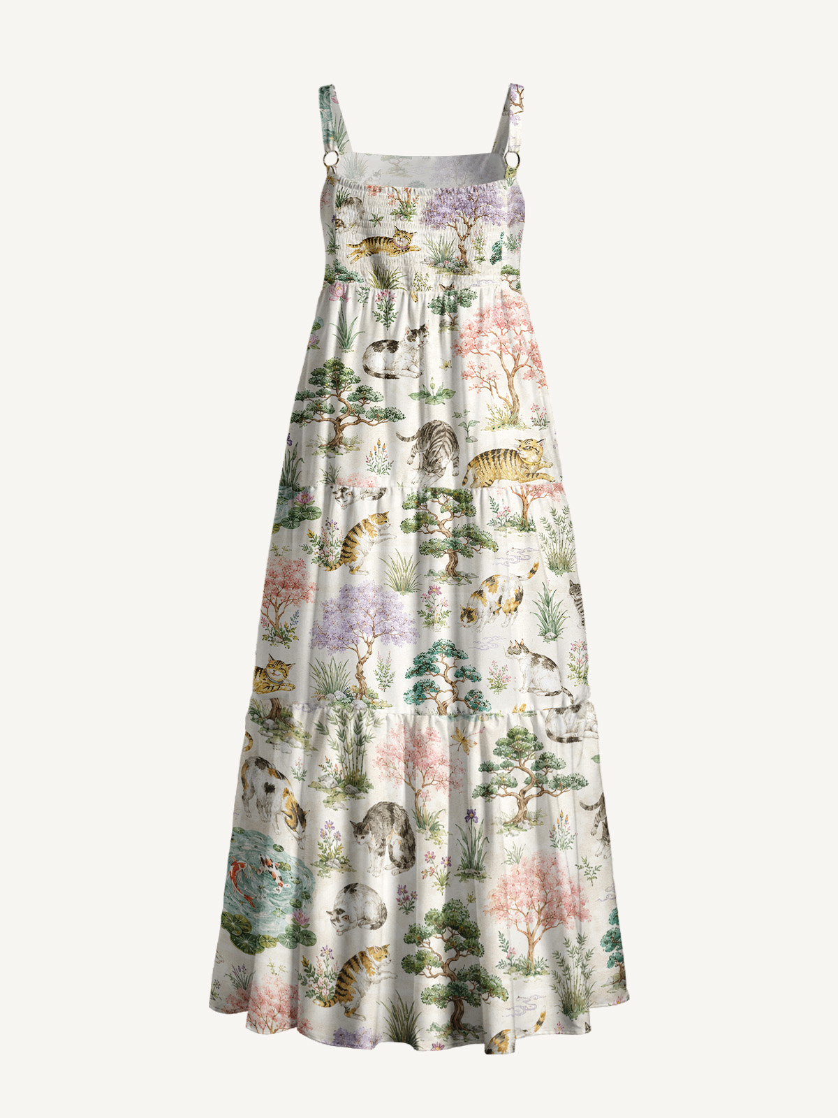 Cats in a Tranquil Garden Pond Scene Print Wide Straps Maxi Dress With Pockets