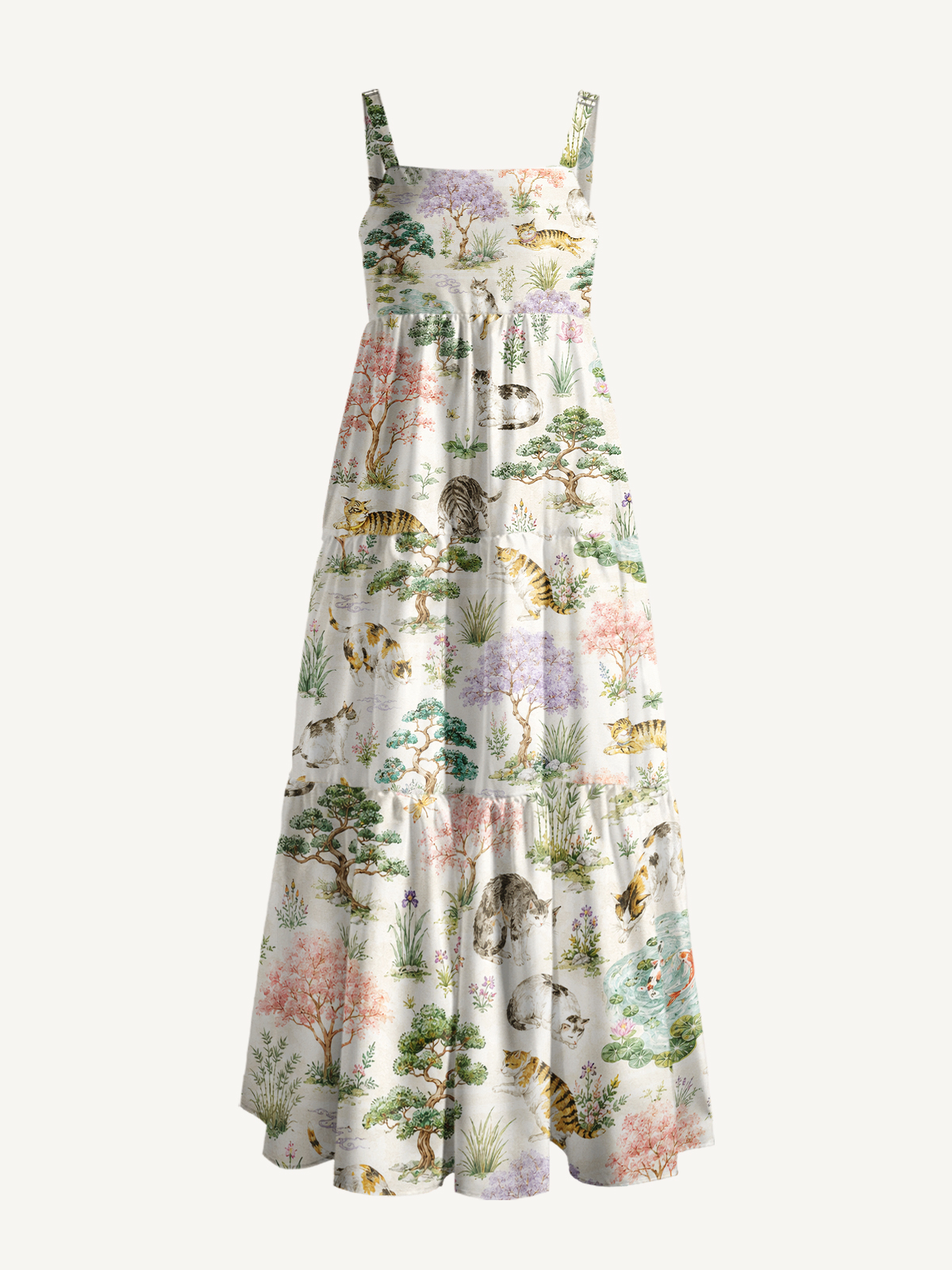 Cats in a Tranquil Garden Pond Scene Print Wide Straps Maxi Dress With Pockets