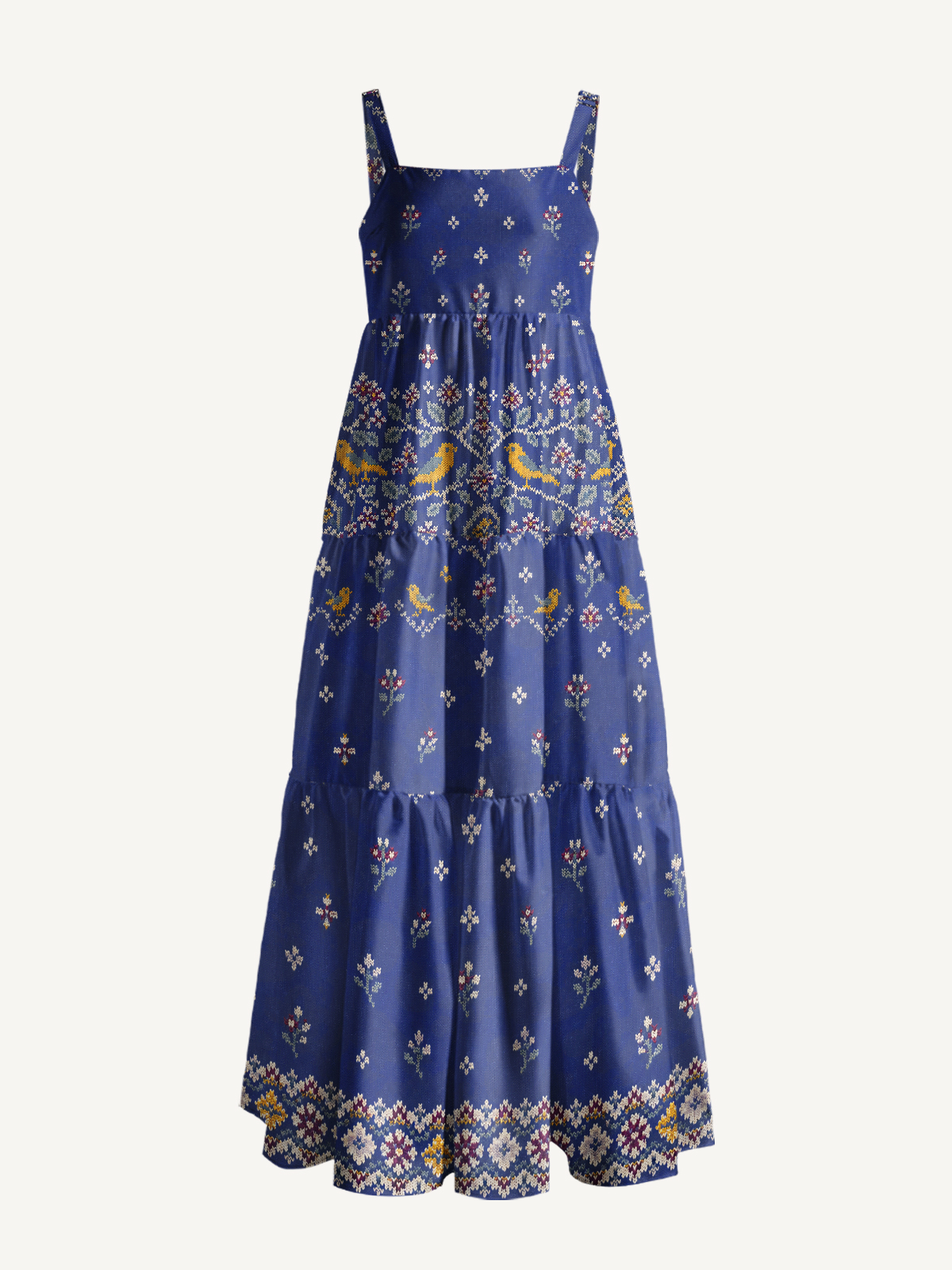 Vintage Fair Isle Birds Print Wide Straps Maxi Dress With Pockets