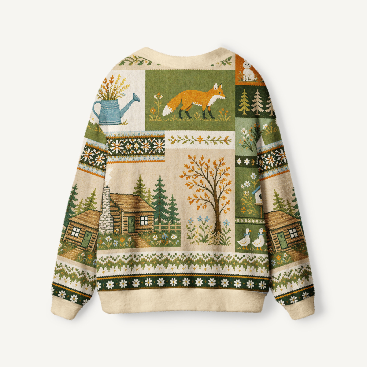 Forest Cabin Fox Garden Print Ugly Cardigan Sweaters