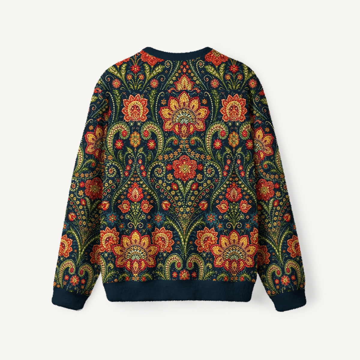 Vintage Folk Floral & Paisley Fuzzy Crewneck Sweater