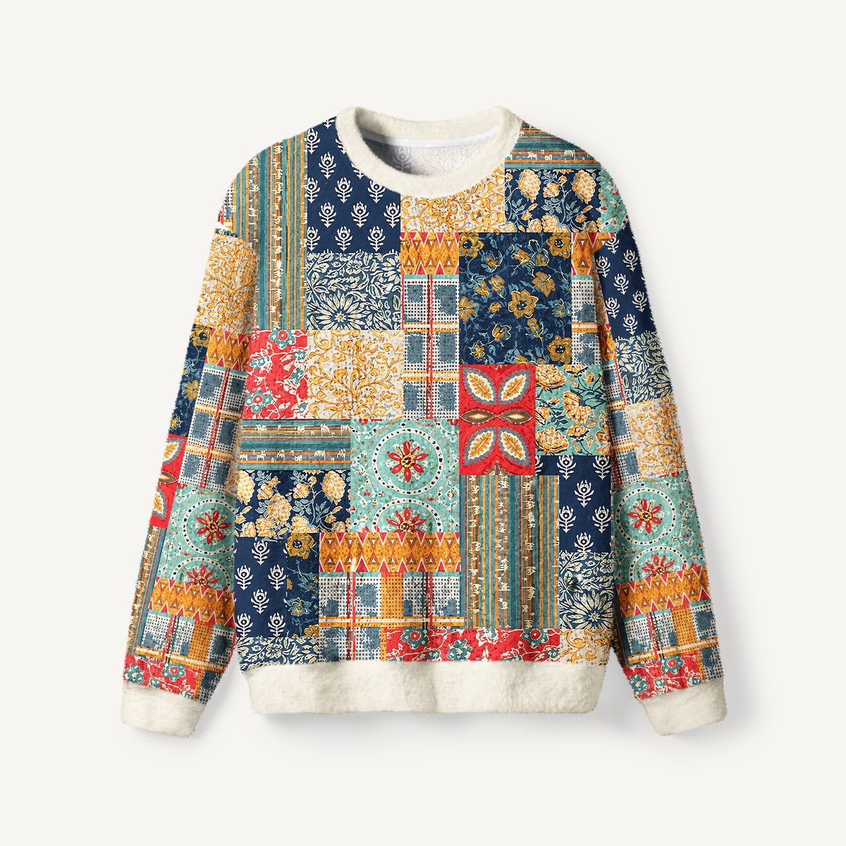 Boho Patchwork Floral & Geometric Fuzzy Crewneck Sweater