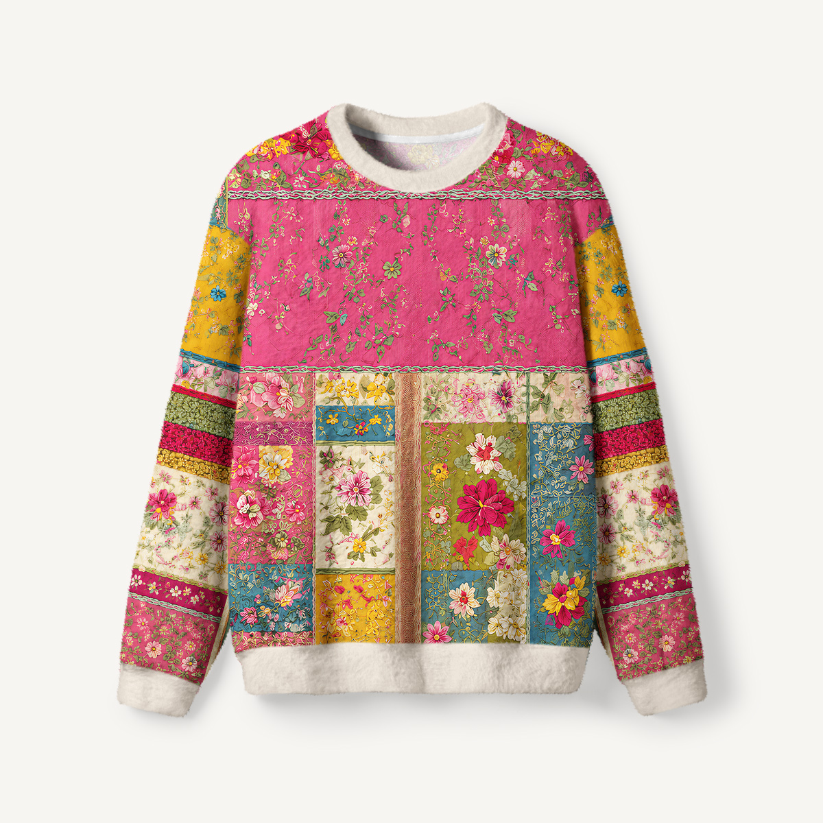 Vibrant Floral Patchwork Fuzzy Crewneck Sweater