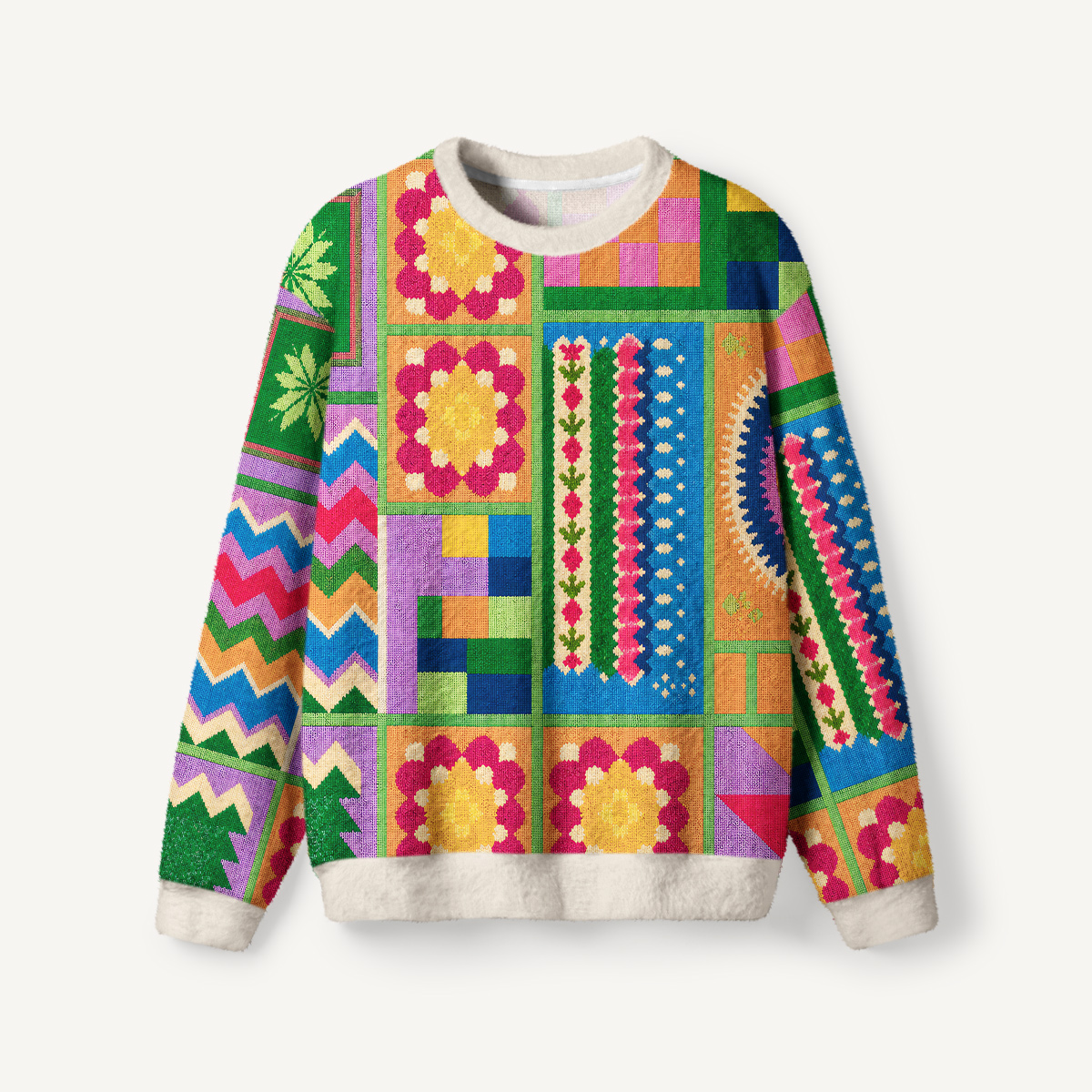 Colorful Geometric Patchwork Print Fuzzy Crewneck Sweater