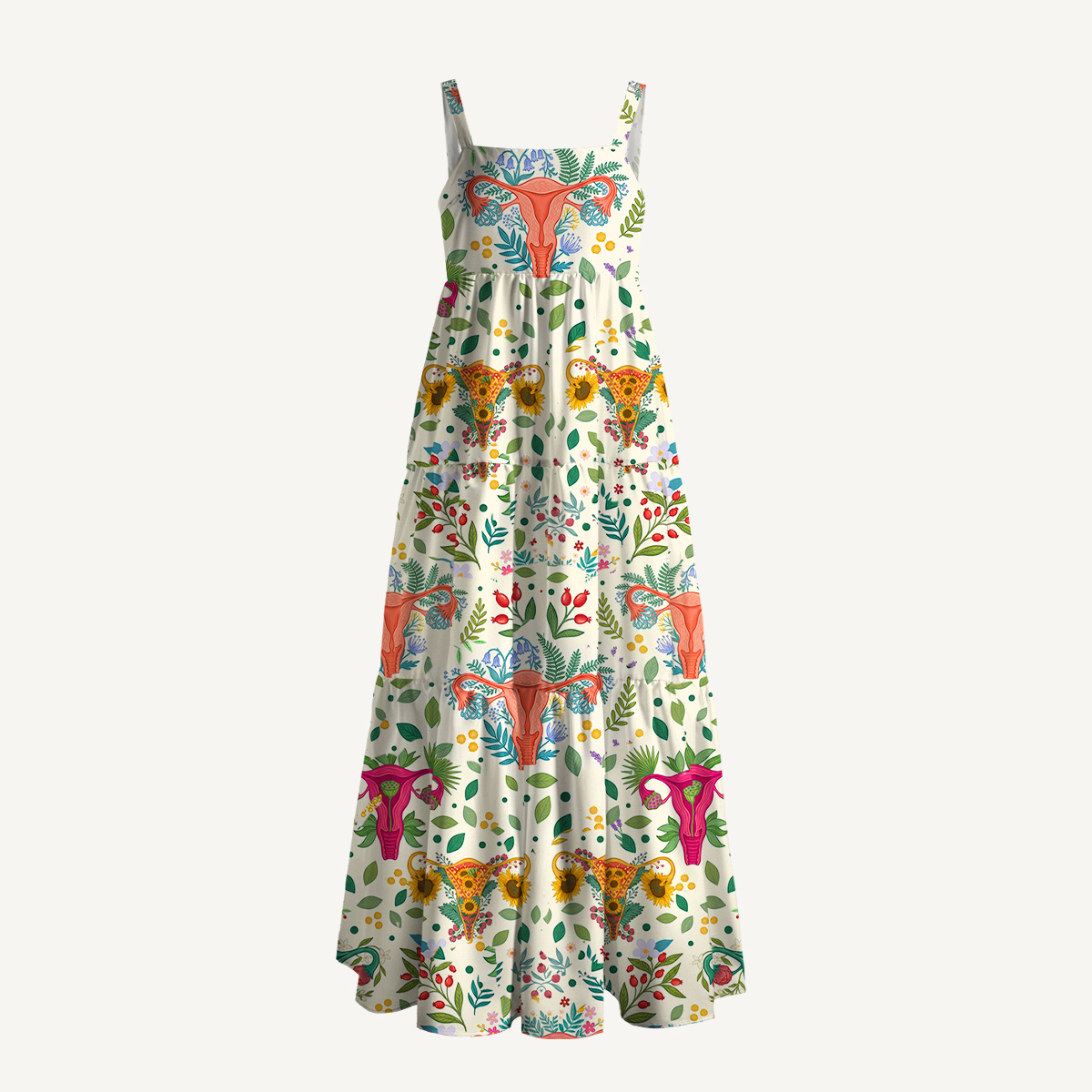 Flower Uterus Printed Wide Straps Maxi Dress With Pockets