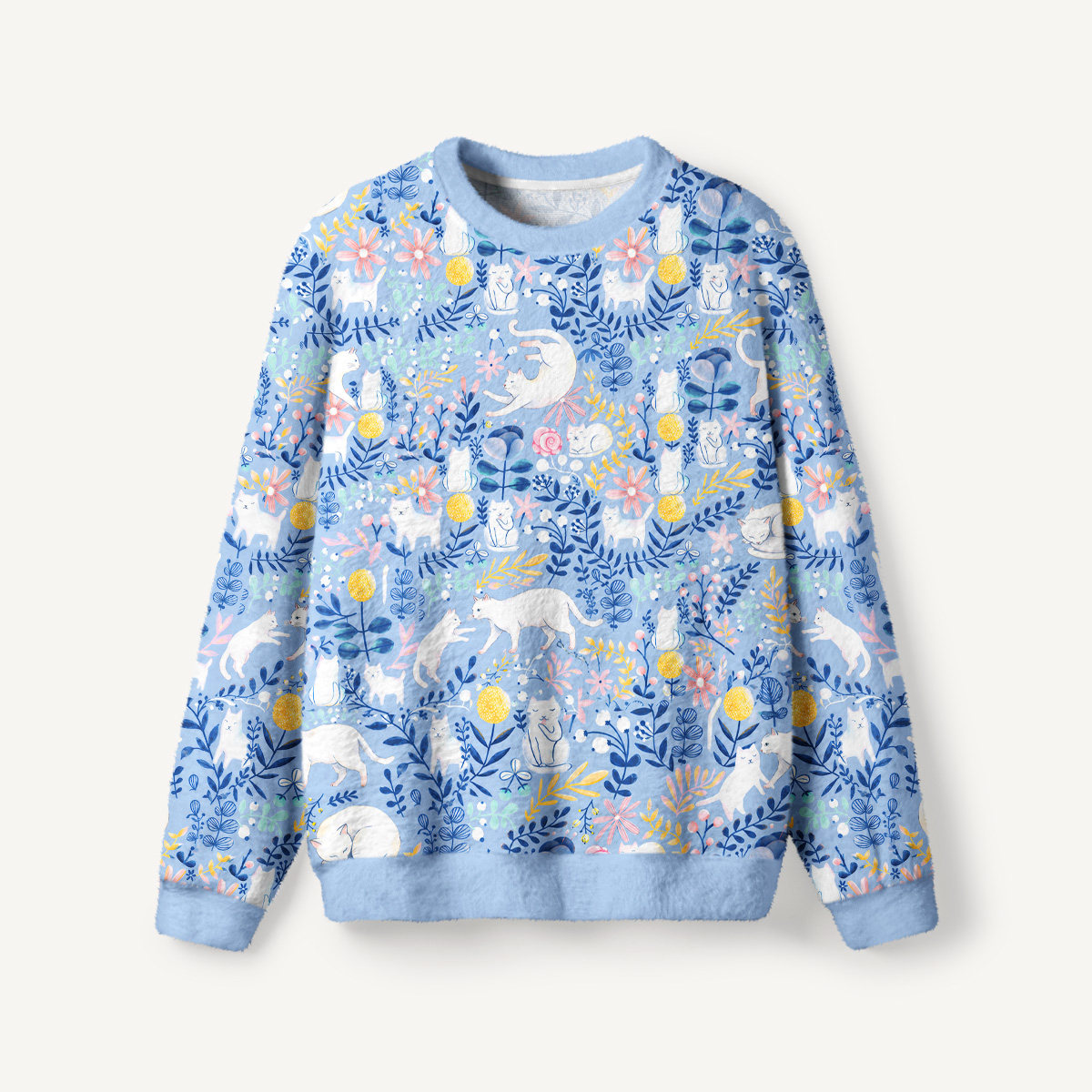 Blue Leaf Cat Fuzzy Crewneck Sweater