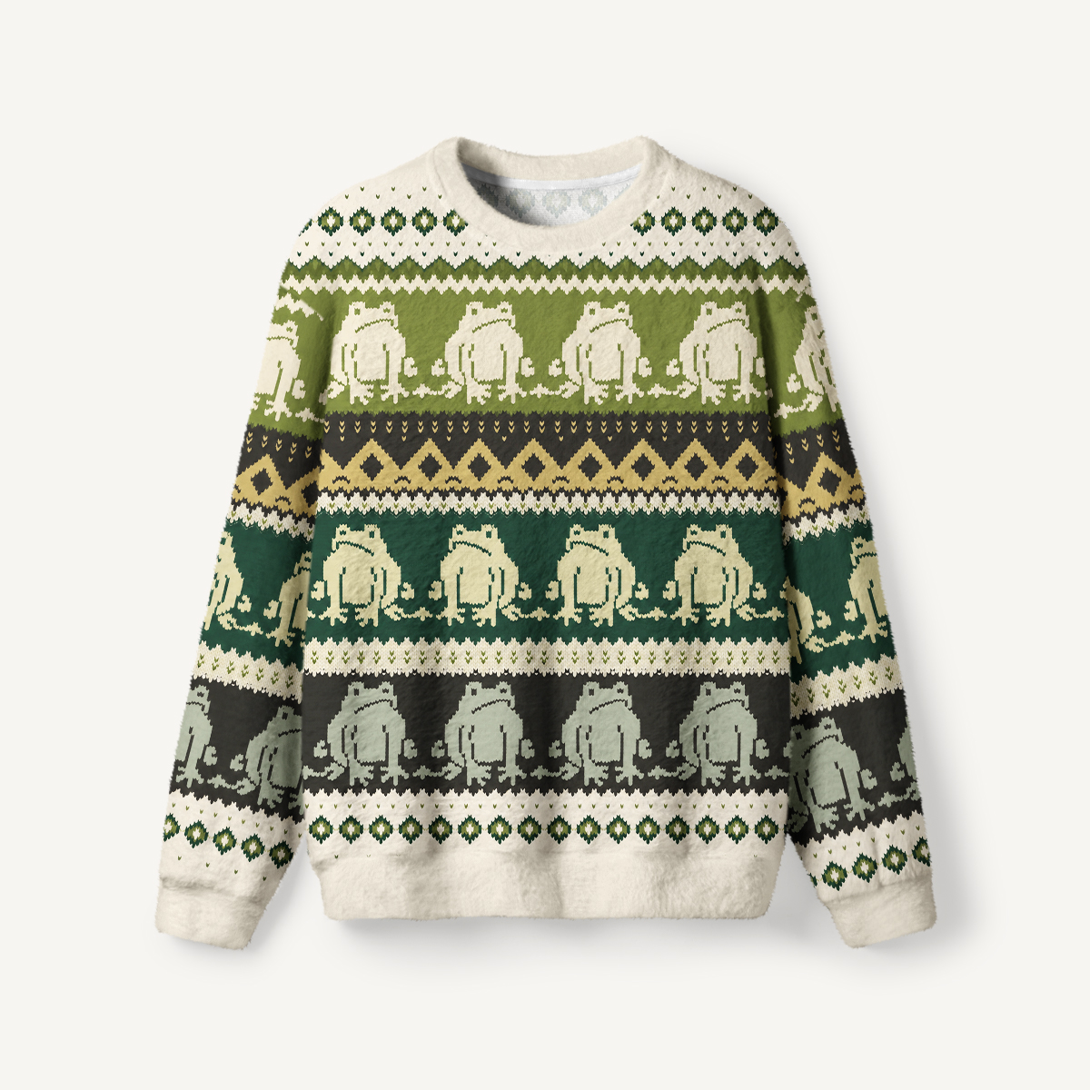 Vintage Frog Geometric Folk Fuzzy Crewneck Sweater
