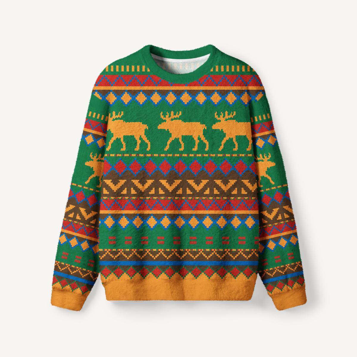 Antlered Deer & Geometric Stripe Fuzzy Crewneck Sweater