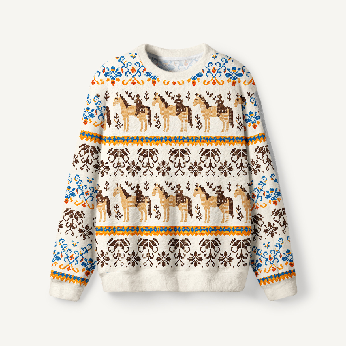 Horseback Rider & Ornamental Floral Fuzzy Crewneck Sweater