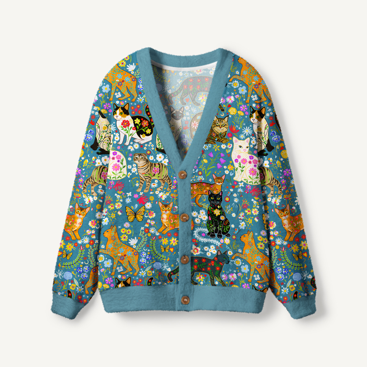 Colorful Garden Cat Print Ugly Cardigan Sweaters