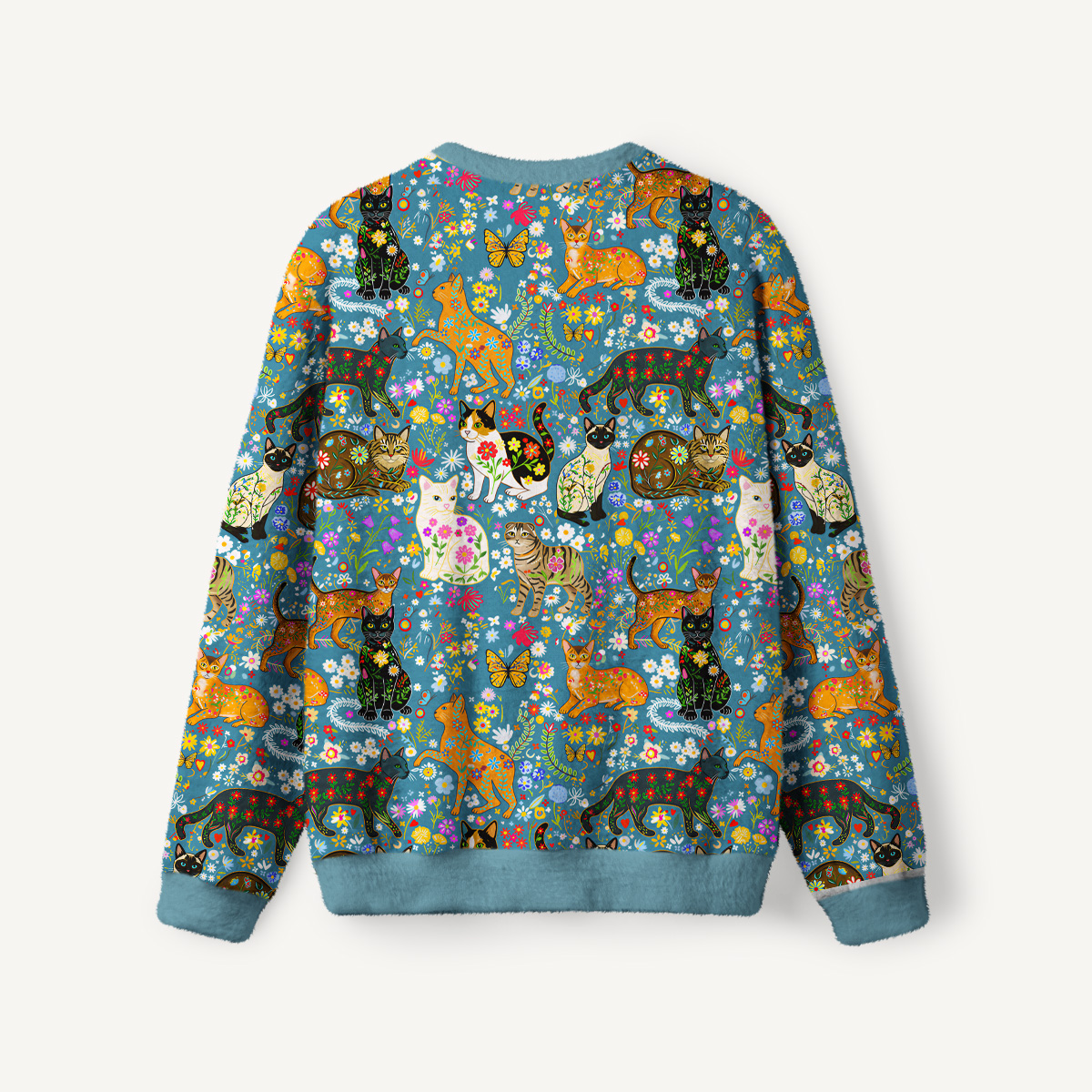 Colorful Garden Cat Forest Fuzzy Crewneck Sweater