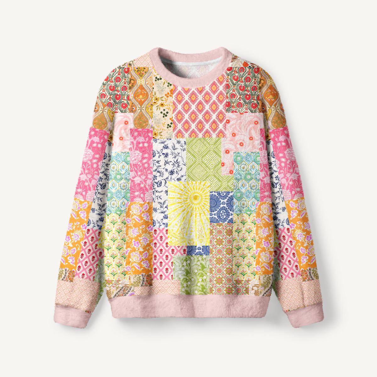 Colorful Bohemian Patchwork Fuzzy Crewneck Sweater