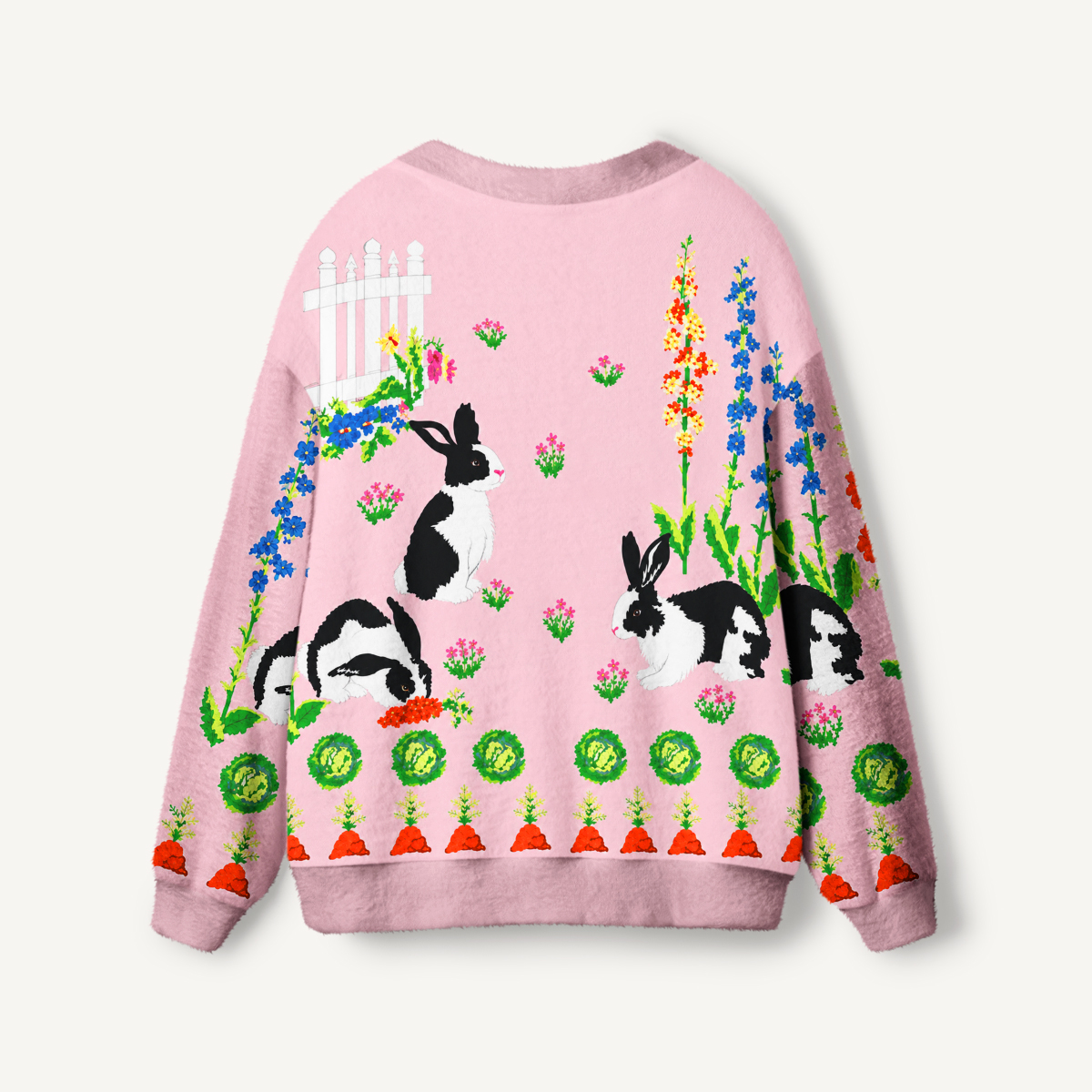 Pink Bunny Garden Print Ugly Cardigan Sweaters